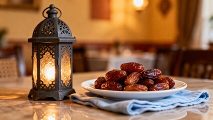 Traditional Ramadan setup highlighting candlelit lantern and sweet dates on folded cloth evoking warmth and spiritual reflection