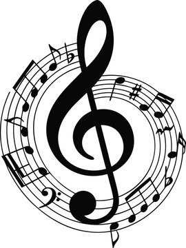 A striking black and white illustration showcases a treble clef surrounded by musical notes and symbols