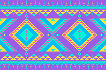 Purple geometric triangle pattern with blue and yellow borders. Textile fabric motif bohemian, tribal, Indian styles.