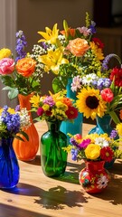 colorful floral arrangements in various vases on a wooden table high quality stock image file.JPG 