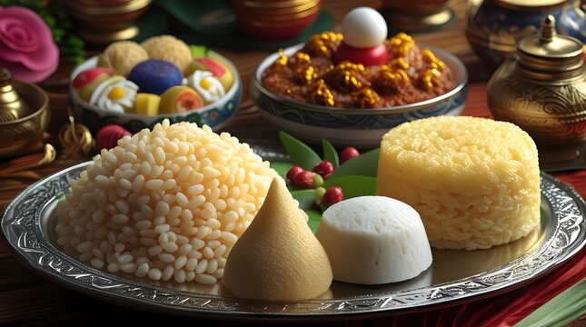 A platter of ampaw or puffed rice, puto or rice cake and kutsinta and other traditional Filipino sweets for the Media noche or New Year eve feast that shows the authentic Philippe beliefs and culture
