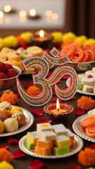Diyas and Candles festive table setting for Diwali whit a Sweets and Snacks jpg high quality file .