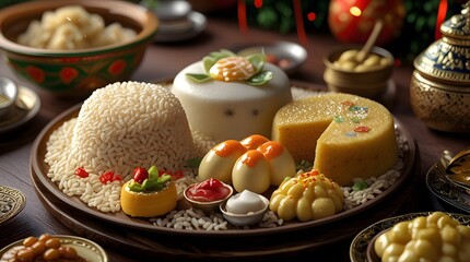 Obraz premium A platter of ampaw or puffed rice, puto or rice cake and kutsinta and other traditional Filipino sweets for the Media noche or New Year eve feast that shows the authentic Philippe beliefs and culture