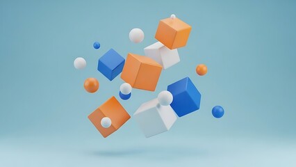 Floating orange blue and white cubes and spheres against light blue background
