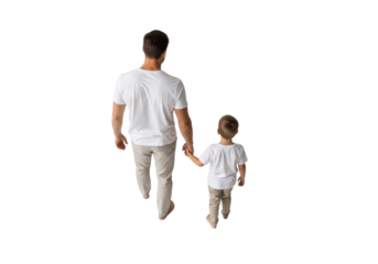 top view of caucasian father and young son in matching casual attire walking away, holding hands firmly, isolated on a transparent studio background. concept of familial bond and security