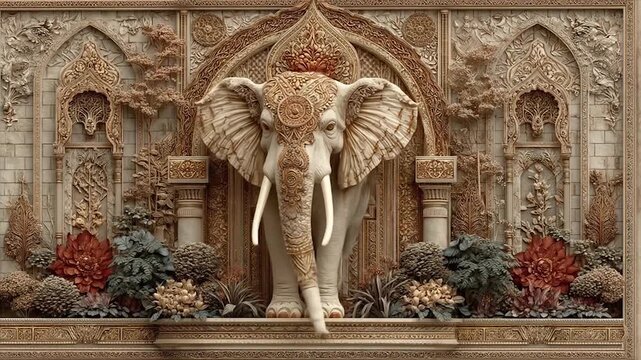 Ornate elephant sculpture in architectural setting with decorative carvings