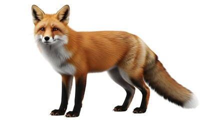 Fototapeta premium A majestic red fox with a thick, reddish-orange coat standing alertly and looking directly forward on a white background.