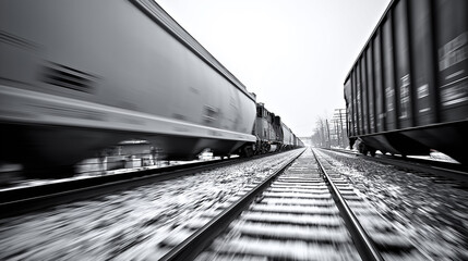 Fast-moving freight train in black and white along snow-covered tracks.