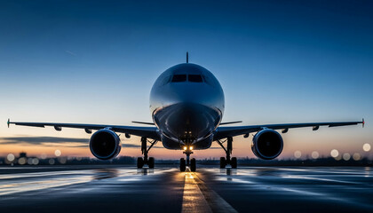 Modern Jet Airplane Sunset Runway: Low Angle White Aircraft Golden Glow