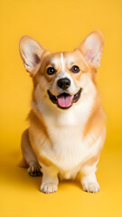front view of the Adorable Corgi Dog Smiling Happily on a Bright Yellow Background on high quality JPG.