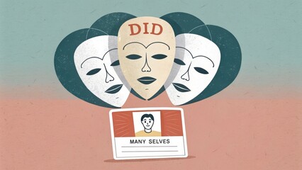 Dissociative Identity Disorder Concept with Multiple Masks and Self Card