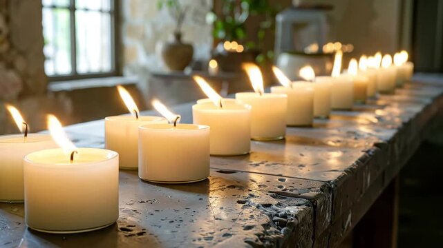Lit candles in a row on a rustic table with a stone wall background and window