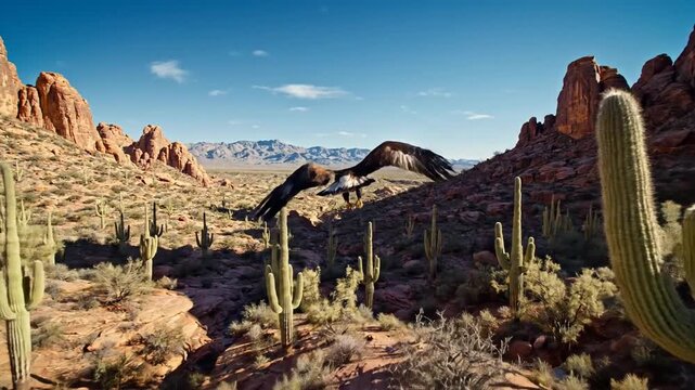 Majestic golden eagle soaring over a vast desert landscape, surrounded by towering cacti and rocky formations under a clear blue sky, capturing the essence of wildlife in its natural habitat