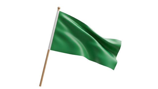 A solid green flag gently waves on its wooden pole, isolated against a clean white background.