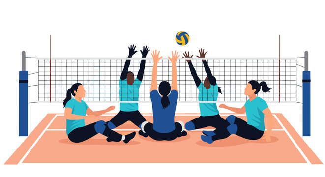 A dynamic illustration of female athletes with disabilities competing in a game of sitting volleyball at the paralympic games.