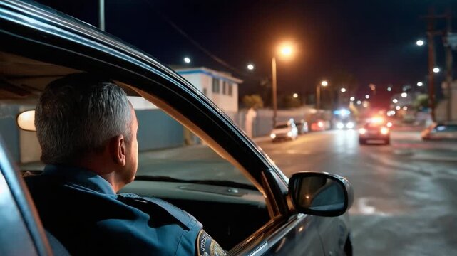 Night Patrol: A law enforcement officer gazes intently at the city night, illuminated by streetlights, embodying vigilance and duty.