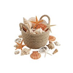 Seashells and starfish in rope basket