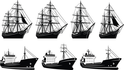 Set of different types of ships silhouettes including sailing tall ships and modern cargo freighter vessels vector illustration collection © Shafik Creatives