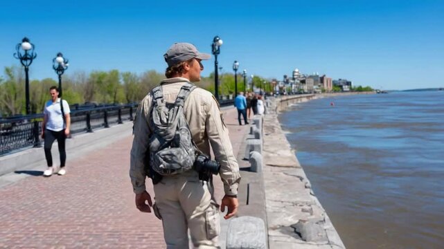 Coastal Promenade Stroll: A lone traveler enjoys a leisurely walk along a scenic coastal promenade, the azure waters and clear blue sky setting a tranquil backdrop.