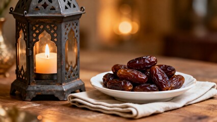 Traditional Ramadan setup highlighting candlelit lantern and sweet dates on folded cloth evoking warmth and spiritual reflection