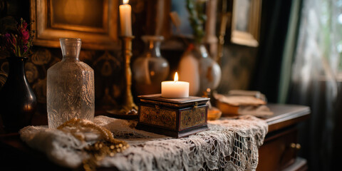 Antique box candle on lace table with glass bottle and vintage decor