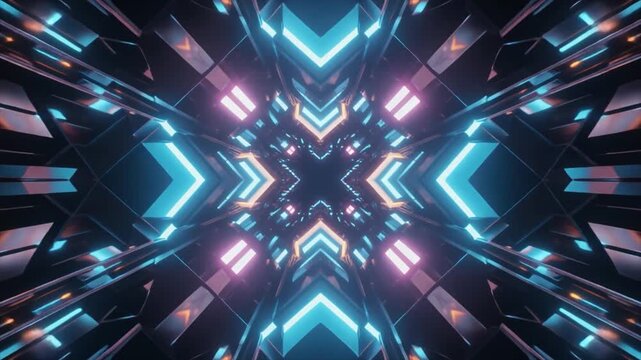 Futuristic Geometric Tunnel with Neon Blue and Pink Lights and Arrow Shapes abstract sci-fi