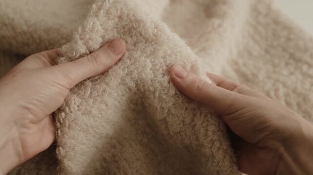 Closeup aesthetic video of hands touching soft wool sweater. Ivory fluffy knitted sweater for cold winter. Appreciating pleasant texture of high quality clothes. Soft and cosy clothes. 