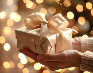 Delicate Golden Gift Box Tied With Satin Ribbon Held In Gentle Hands Against Soft Bokeh Lights Background