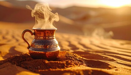 Steaming Copper Coffee Pot Filled With Dark Liquid Sitting On A Bed Of Coffee Grounds In A Sandy Desert Landscape At Sunrise
