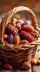 Woven Wicker Basket Overflowing With Rich Brown Dates And Whole Almonds On Rustic Wooden Surface With Soft Natural Lighting