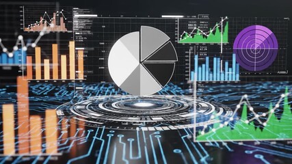 A futuristic digital dashboard with various colorful graphs and charts on a circuit board background for data analysis and visualization purposes effectively - Powered by Adobe