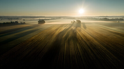 Soft Morning Sun Over Fields with Atmospheric Fog