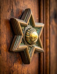 Antique Bronze Star Shaped Door Knocker With Weathered Patina On A Textured Wooden Door Detailed Close Up