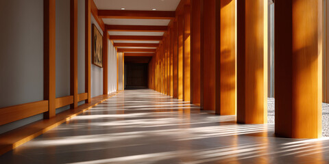 Wooden corridor sunlight pattern minimal architecture serene walkway