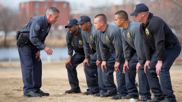 Discipline and Guidance: A group of law enforcement officers stand in attention while receiving instruction from a mentor, set in an outdoor setting