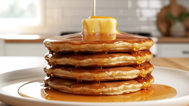 A stack of fluffy pancakes drizzled with golden syrup and topped with a pat of butter, set on a white plate against a cozy kitchen backdrop with wooden accents