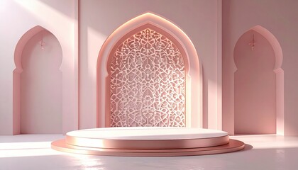 Elegant Rose Gold Stage With Intricate Archway And Geometric Patterns Illuminated By Soft Sunlight