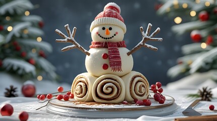 Cinnamon rolls snowman - fun idea for kids breakfast for winter holidays, homemade cinnamon rolls swirl buns stuffed with cinnamon sugar and cream cheese frosting
