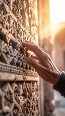 Close Up Of A Hand Touching Intricately Carved Stone Wall With Warm Sunlight Streaming In