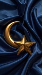 Golden Star and Crescent Moon Emblem Rests on Deep Blue Sequined Fabric With Dramatic Lighting