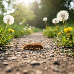 A fuzzy caterpillar crawls along a sun-drenched gravel path bordered by dandelions and green grass with bright lens flare in a natural setting