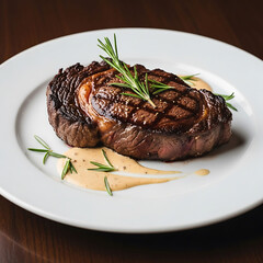 A sliced steak on a white plate with rosemary and sauce on a table
