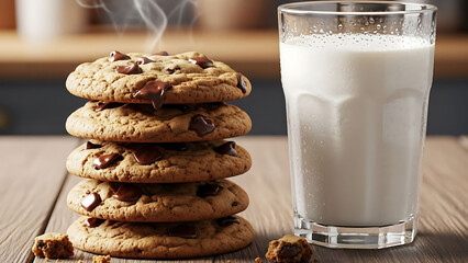 A stack of warm chocolate chip cookies next to a cold glass of milk