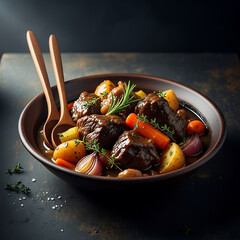 A steaming bowl of beef stew with vegetables in a savory broth