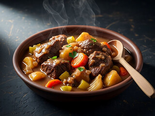 A steaming bowl of beef stew with vegetables in a savory broth
