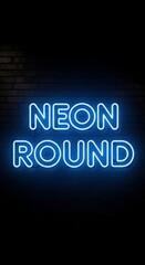 Neon Round Signage Illuminated in Blue on Black Background.