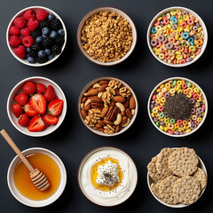 A variety of healthy breakfast foods arranged in bowls on a dark surface