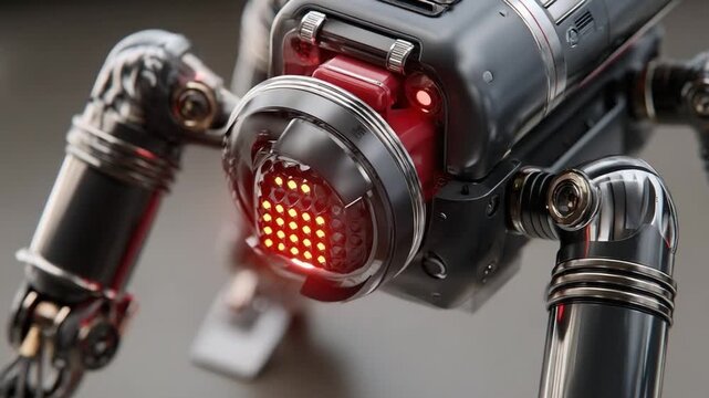 Advanced Technological Marvel: A close-up view of an intricate, futuristic robot design, showcasing cutting-edge engineering and a red glowing sensor array.