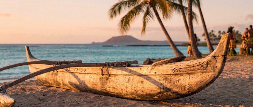 An outrigger canoe rests serenely on a sun-kissed beach, palm trees gently sway in the ocean breeze and a majestic mountain looms on the horizon, invoking a sense of tropical peace.