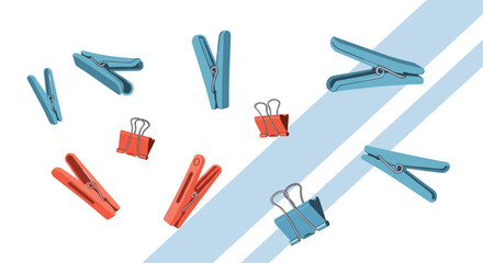 Obraz premium Abstract composition of red and blue clothespins and binder clips scattered and floating against a simple white and gray background.